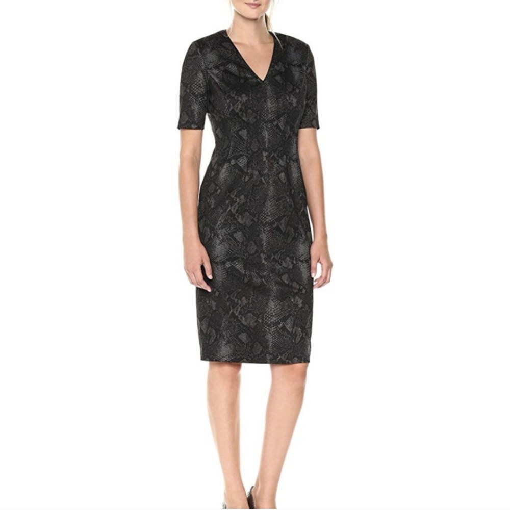 Calvin Klein Black Gray Fitted V Neck Snakeskin Print Midi Dress Size 4
